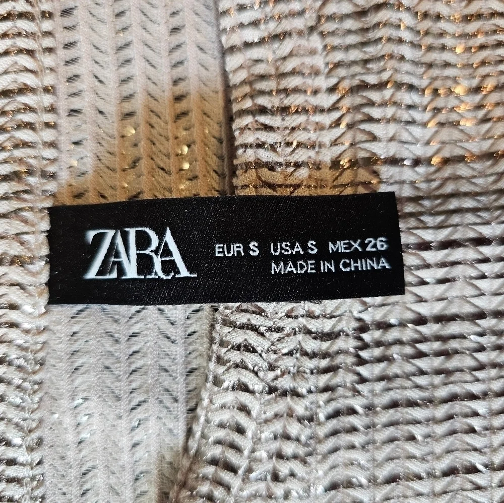 Zara Women's Metallic Shimmery Sheer Long Sleeve Crop Top, Beige Silver Gold, S